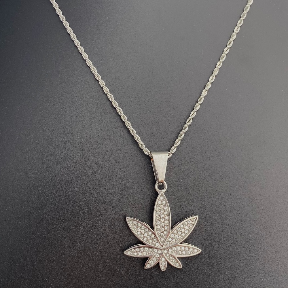 Cannabis leaf Pendant Stainless Steel  Necklace Pave In Clear CZ Women Man Cool